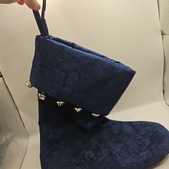 NAVY BLUE VELVET CHRISTMAS STOCKING W/SILVER JINGLE BELLS Hobby Lobby - Picture 11 of 12